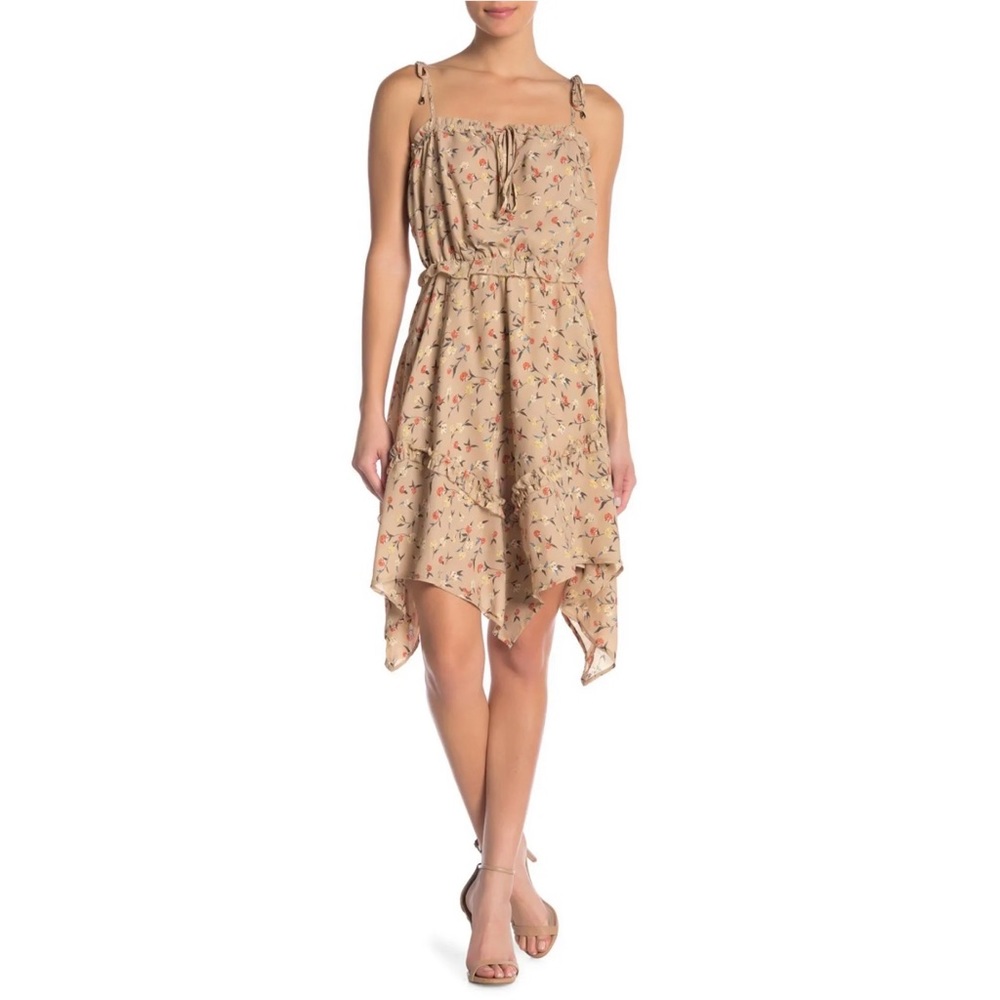 J.O.A. Taupe Tan Floral Dress with Tie Straps size medium